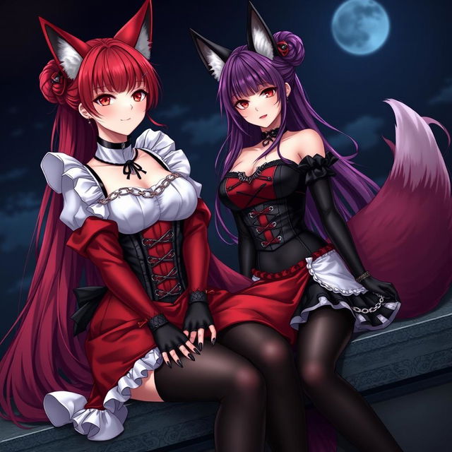 An alluring scene featuring a sexy gothic anime girl represented as a Kitsune, displaying long, seductive red hair flowing down to her lower back, elegantly styled into a bun