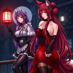 An alluring scene featuring a sexy gothic anime girl represented as a Kitsune, displaying long, seductive red hair flowing down to her lower back, elegantly styled into a bun