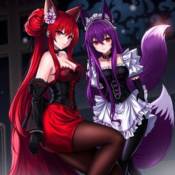 An alluring scene featuring a sexy gothic anime girl represented as a Kitsune, displaying long, seductive red hair flowing down to her lower back, elegantly styled into a bun