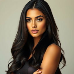 A highly attractive Persian woman with a graceful and confident presence, featuring long, dark, shiny hair and glowing tan skin
