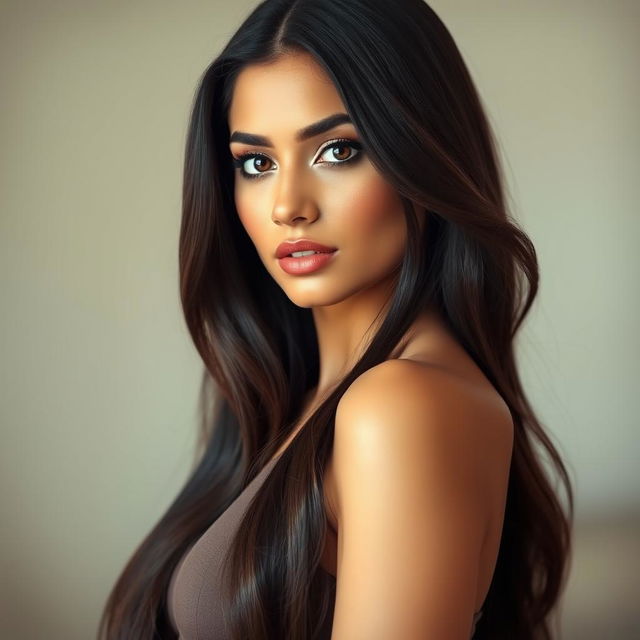 A highly attractive Persian woman with a graceful and confident presence, featuring long, dark, shiny hair and glowing tan skin