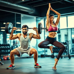 A dynamic and inspiring fitness scene featuring a fit man and woman engaged in a high-energy workout