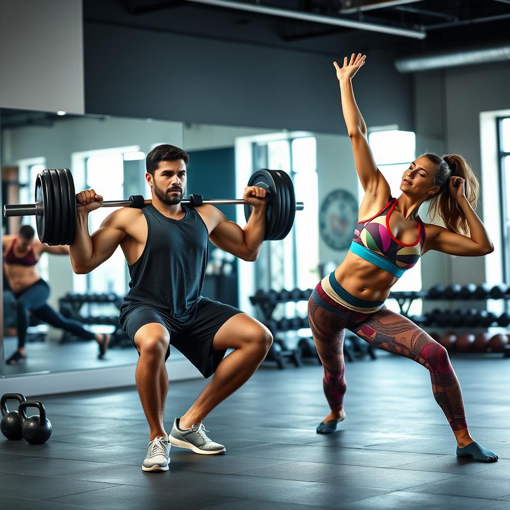 A dynamic and inspiring fitness scene featuring a fit man and woman engaged in a high-energy workout