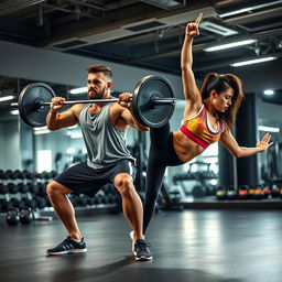 A dynamic and inspiring fitness scene featuring a fit man and woman engaged in a high-energy workout