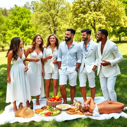 A fashionable group of friends in a scenic outdoor setting, all wearing elegant white clothing