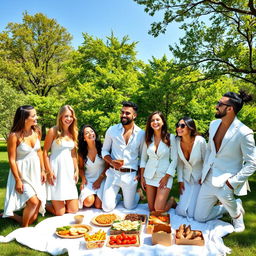 A fashionable group of friends in a scenic outdoor setting, all wearing elegant white clothing