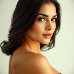 A highly attractive Persian woman with a graceful and confident presence, featuring dark, long, shiny hair and glowing tan skin