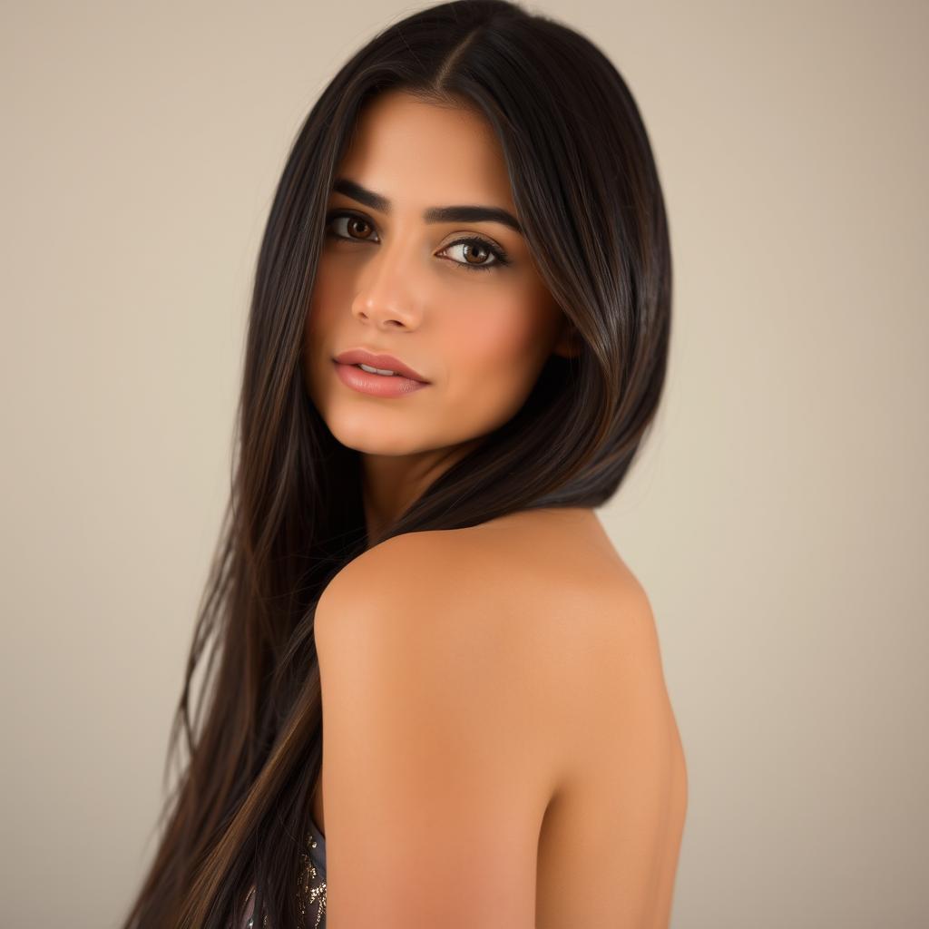 A highly attractive Persian woman with a graceful and confident presence, featuring dark, long, shiny hair and glowing tan skin