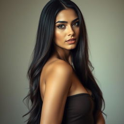 A highly attractive Persian woman with a graceful and confident presence, featuring dark, long, shiny hair and glowing tan skin