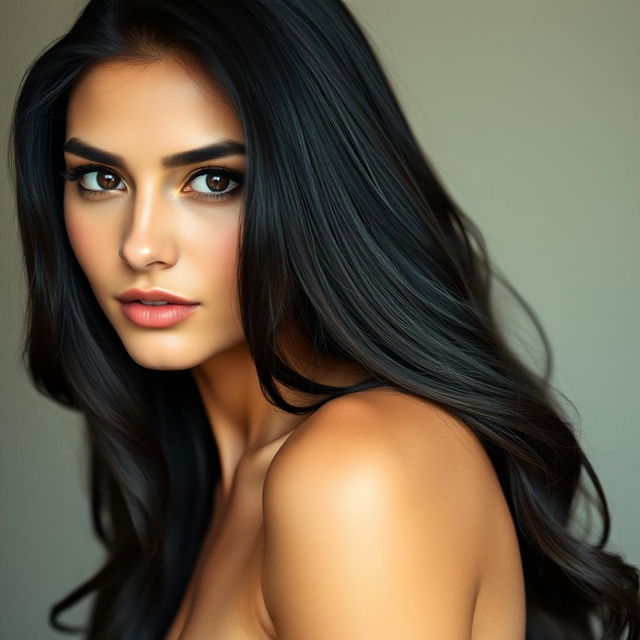 A highly attractive Persian woman with a graceful and confident presence, featuring dark, long, shiny hair and glowing tan skin