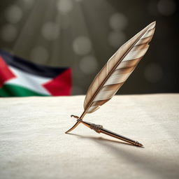 A professional image of a beautifully crafted writing quill placed on a textured surface, adorned with the flags of Palestine and the Syrian Revolution subtly waving in the background