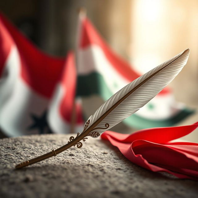 A professional image of a beautifully crafted writing quill placed on a textured surface, adorned with the flags of Palestine and the Syrian Revolution subtly waving in the background