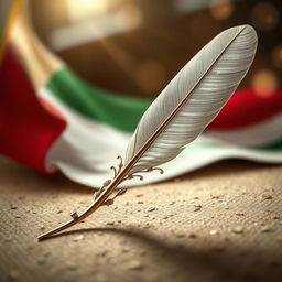 A professional image of a beautifully crafted writing quill placed on a textured surface, adorned with the flags of Palestine and the Syrian Revolution subtly waving in the background