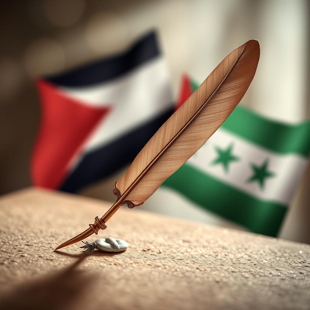 A professional image of a beautifully crafted writing quill placed on a textured surface, adorned with the flags of Palestine and the Syrian Revolution subtly waving in the background