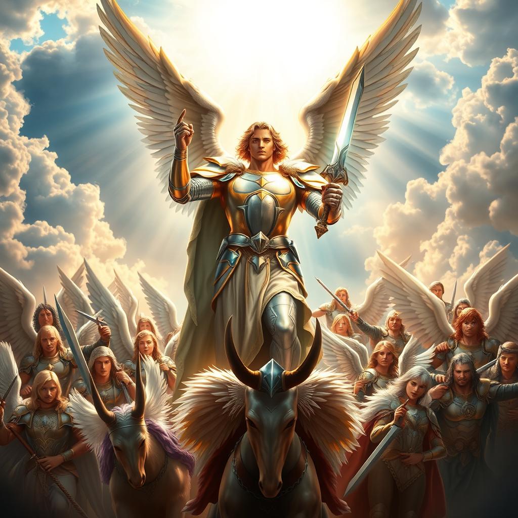 A stunning portrayal of Archangel Michael leading a majestic army of angels