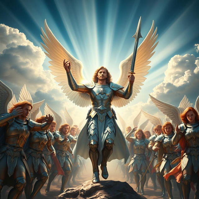 A stunning portrayal of Archangel Michael leading a majestic army of angels