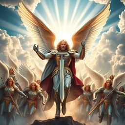 A stunning portrayal of Archangel Michael leading a majestic army of angels