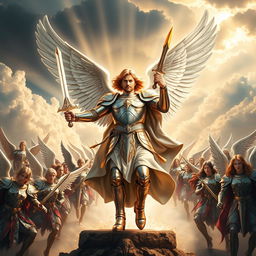 A stunning portrayal of Archangel Michael leading a majestic army of angels