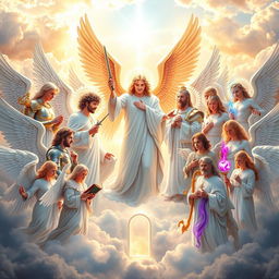 A breathtaking gathering of all the archangels, representing a majestic and divine scene in a heavenly realm
