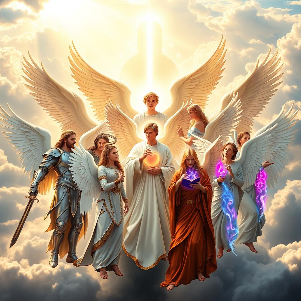 A breathtaking gathering of all the archangels, representing a majestic and divine scene in a heavenly realm