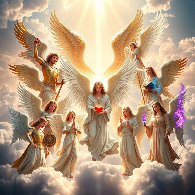 A breathtaking gathering of all the archangels, representing a majestic and divine scene in a heavenly realm