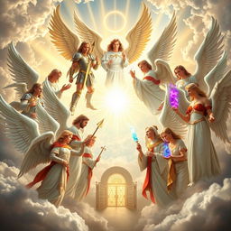 A breathtaking gathering of all the archangels, representing a majestic and divine scene in a heavenly realm