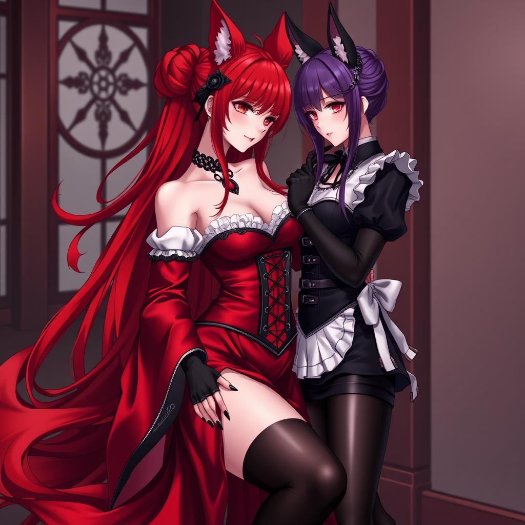 A seductive gothic anime girl kitsune with long, flowing fiery red hair that cascades down to her lower back and features a stylish bun