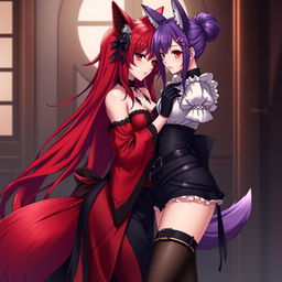 A seductive gothic anime girl kitsune with long, flowing fiery red hair that cascades down to her lower back and features a stylish bun