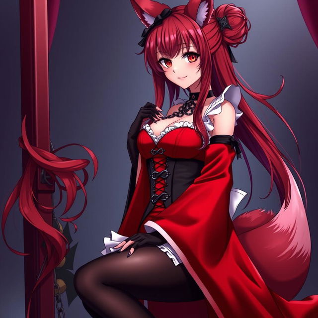 A seductive gothic anime girl kitsune with long, flowing fiery red hair that cascades down to her lower back and features a stylish bun