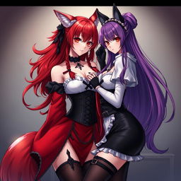 A seductive gothic anime girl kitsune with long, flowing fiery red hair that cascades down to her lower back and features a stylish bun