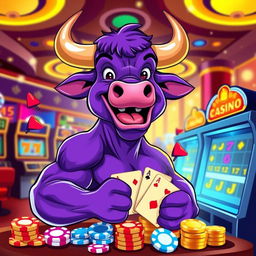 A vibrant vector-style illustration of a purple bull playfully engaging with various casino games