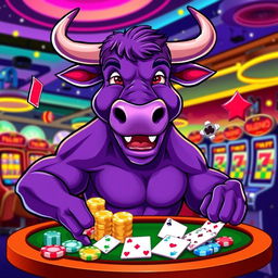 A vibrant vector-style illustration of a purple bull playfully engaging with various casino games