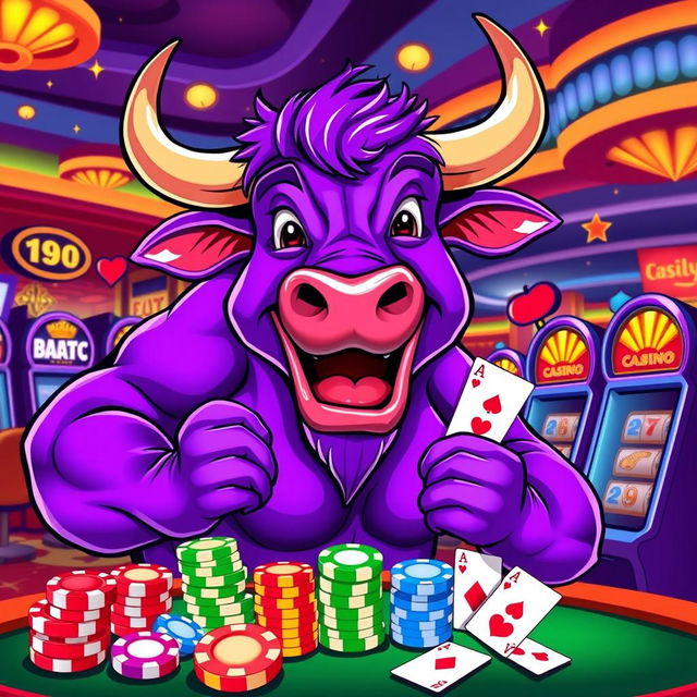 A vibrant vector-style illustration of a purple bull playfully engaging with various casino games