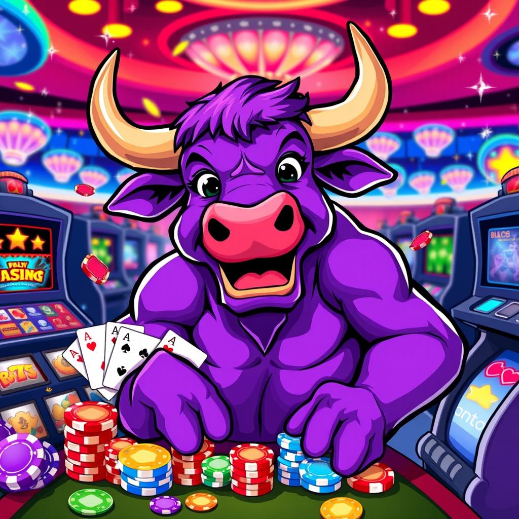 A vibrant vector-style illustration of a purple bull playfully engaging with various casino games