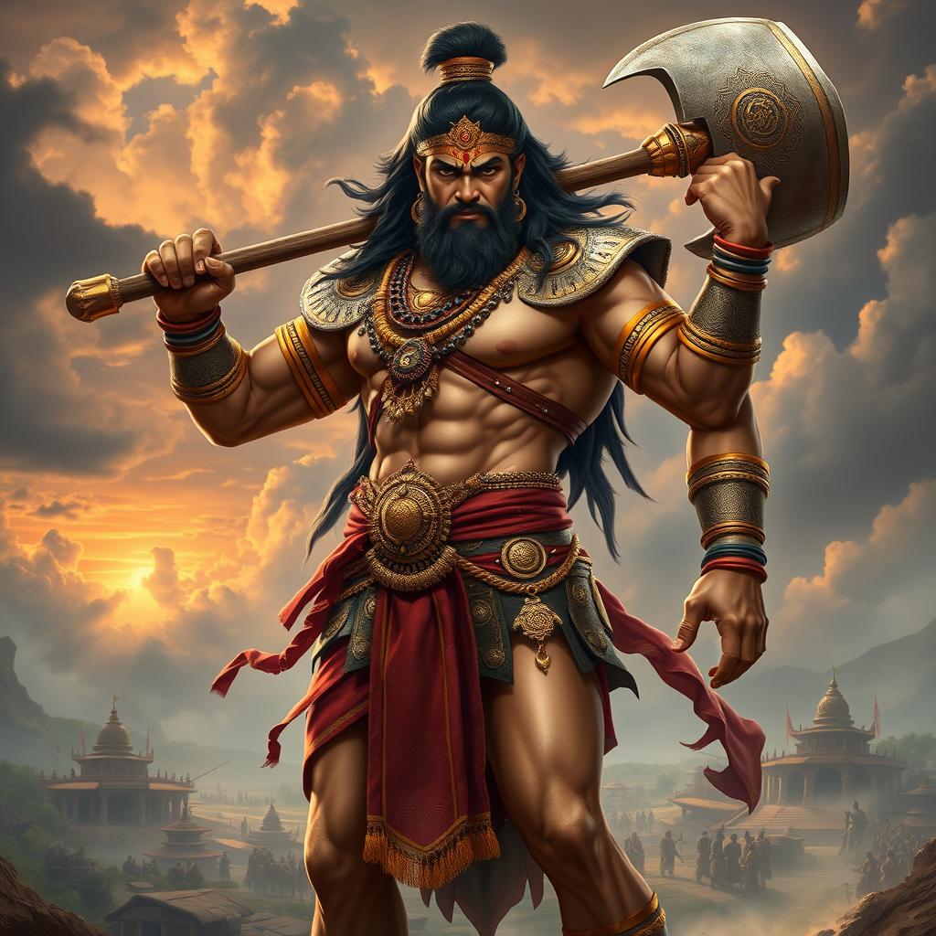 A majestic depiction of Bhima, the strong and noble hero of the Mahabharata, showcasing his remarkable physique and warrior attire