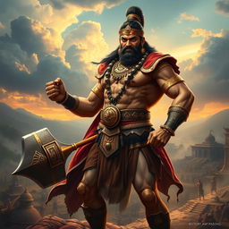 A majestic depiction of Bhima, the strong and noble hero of the Mahabharata, showcasing his remarkable physique and warrior attire