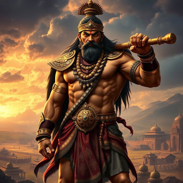 A majestic depiction of Bhima, the strong and noble hero of the Mahabharata, showcasing his remarkable physique and warrior attire