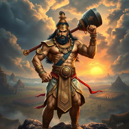 A majestic depiction of Bhima, the strong and noble hero of the Mahabharata, showcasing his remarkable physique and warrior attire