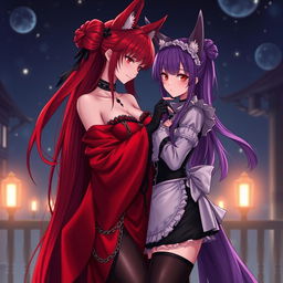 A captivating scene featuring a sexy gothic anime girl kitsune with long, flowing fiery red hair that reaches her lower back, elegantly styled with a bun