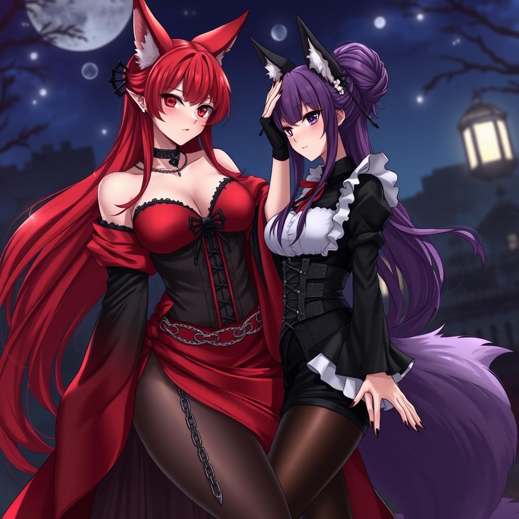 A captivating scene featuring a sexy gothic anime girl kitsune with long, flowing fiery red hair that reaches her lower back, elegantly styled with a bun