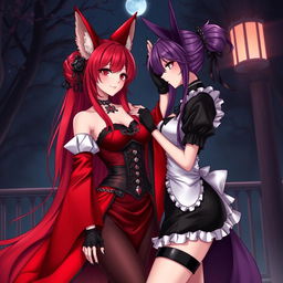 A captivating scene featuring a sexy gothic anime girl kitsune with long, flowing fiery red hair that reaches her lower back, elegantly styled with a bun