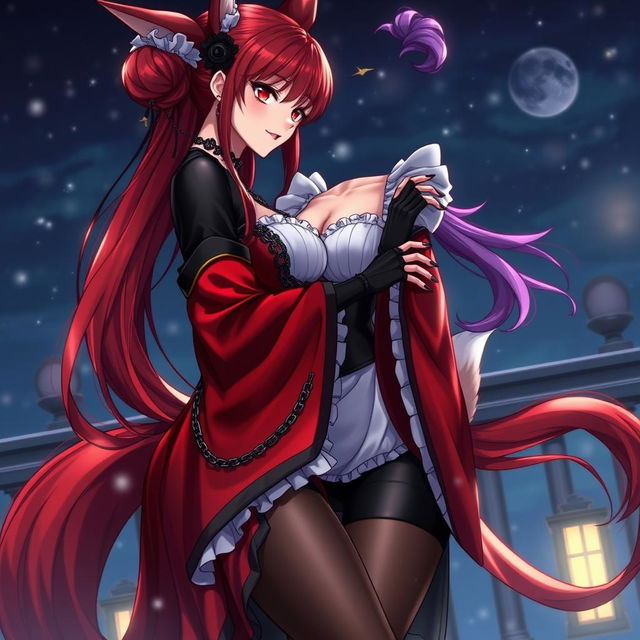 A captivating scene featuring a sexy gothic anime girl kitsune with long, flowing fiery red hair that reaches her lower back, elegantly styled with a bun