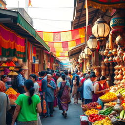 A vibrant and colorful bazaar filled with various stalls selling exotic spices, handwoven textiles, intricate pottery, and fresh fruits and vegetables