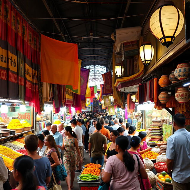 A vibrant and colorful bazaar filled with various stalls selling exotic spices, handwoven textiles, intricate pottery, and fresh fruits and vegetables