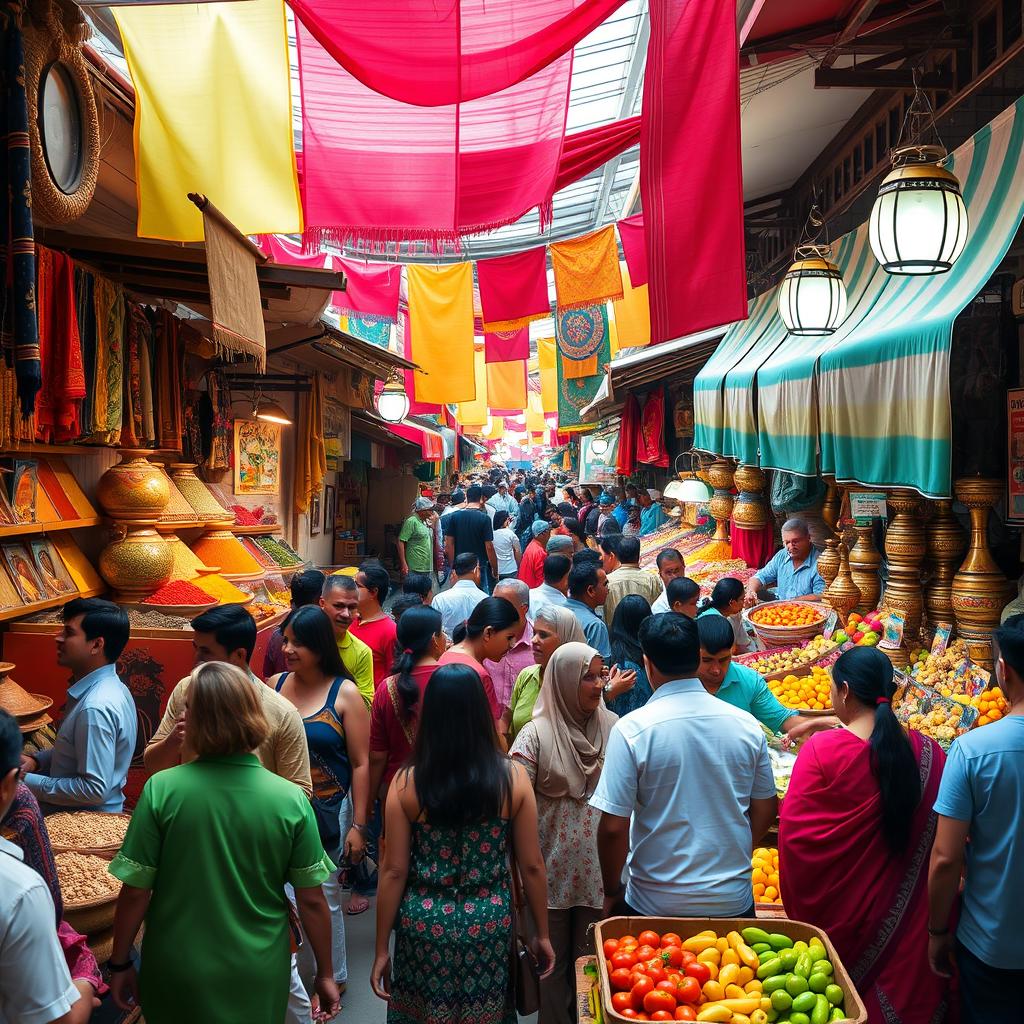 A vibrant and colorful bazaar filled with various stalls selling exotic spices, handwoven textiles, intricate pottery, and fresh fruits and vegetables