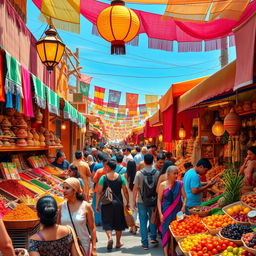 A vibrant and colorful bazaar filled with various stalls selling exotic spices, handwoven textiles, intricate pottery, and fresh fruits and vegetables