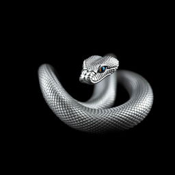 A striking metallic snake coiled elegantly against a deep black background