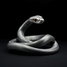 A striking metallic snake coiled elegantly against a deep black background