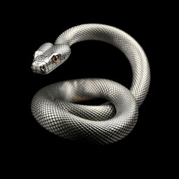 A striking metallic snake coiled elegantly against a deep black background