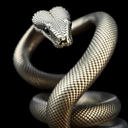 A striking metallic snake coiled elegantly against a deep black background